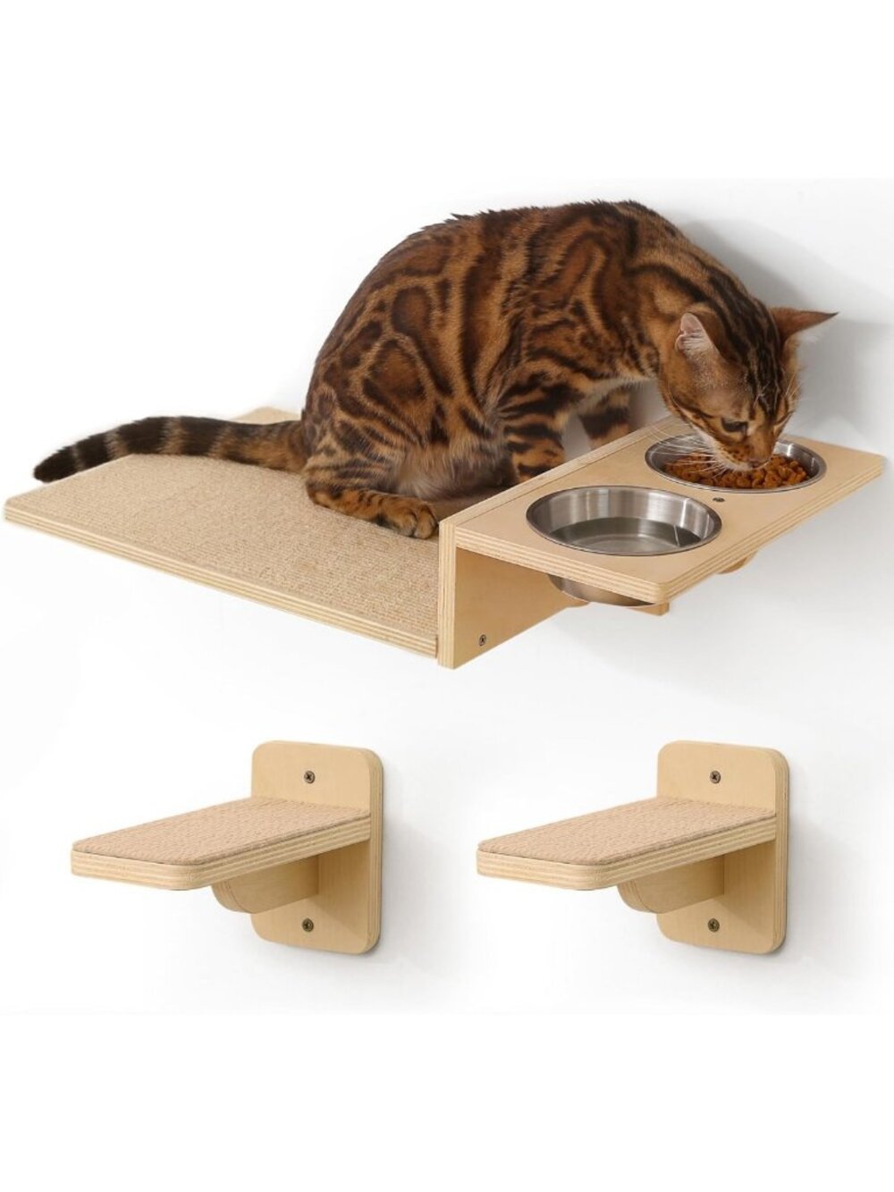 3-in-1 Cat Wall Shelves & Food Station - Birch Plywood Perch for Play & Nap